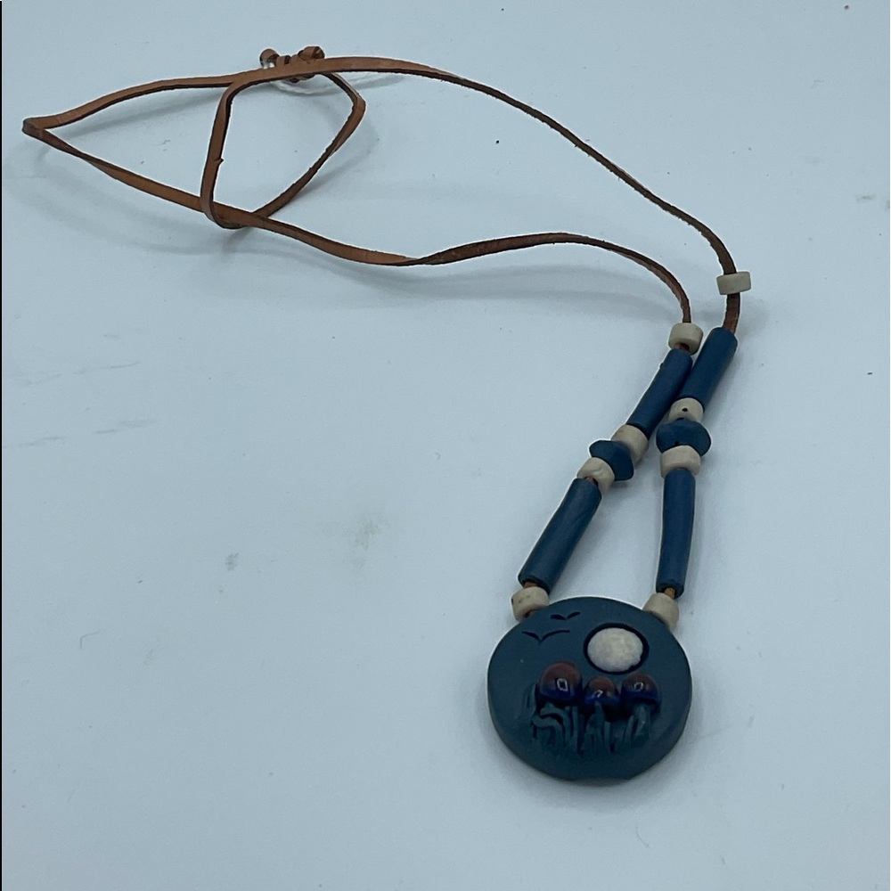 “HANDMADE” VINTAGE MUSHROOM, MOON AND GULLS           POTTERY PENDANT NECKLACE.